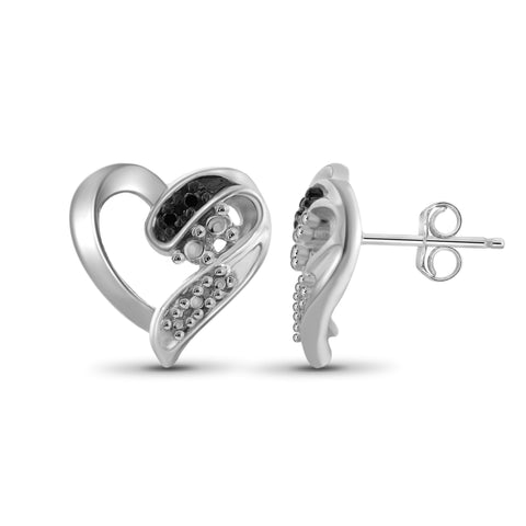 JewelonFire Accent Black Diamond Sterling Silver Heart Earrings