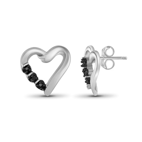 JewelonFire Accent Black Diamond Sterling Silver Heart Earrings