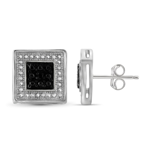 JewelonFire Accent Black Diamond Sterling Silver Square Shape Earrings