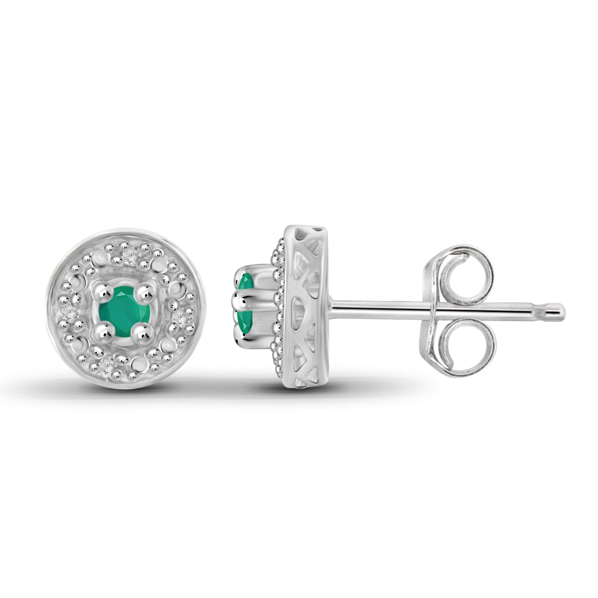 JewelonFire 1/7 Carat T.G.W. Emerald and White Diamond Accent Sterling Silver Halo Stud Earrings - Assorted Colors