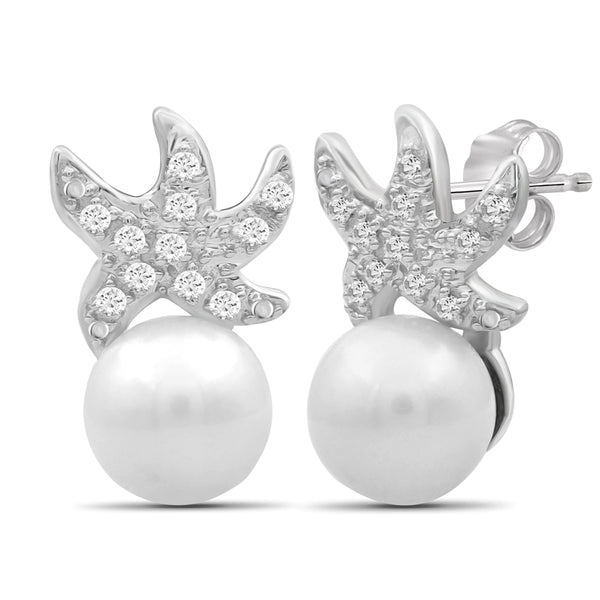 JewelonFire White Pearl And 1/20 Carat T.W. White Diamond Sterling Silver Starfish Earrings - Assorted Colors