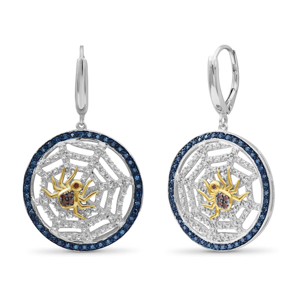 JewelonFire 1/2 Ctw Multi Color Diamond Two-Tone Sterling Silver Spider with Net Dangle Earrings
