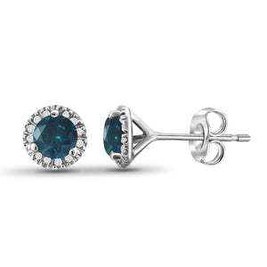 JewelonFire 1/2 Carat T.W. Blue And White Diamond Sterling Silver Halo Earrings