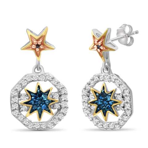 JewelonFire 1/5 Carat T.W. Multicolor Diamond Three Tone Silver Star Octagon Earrings