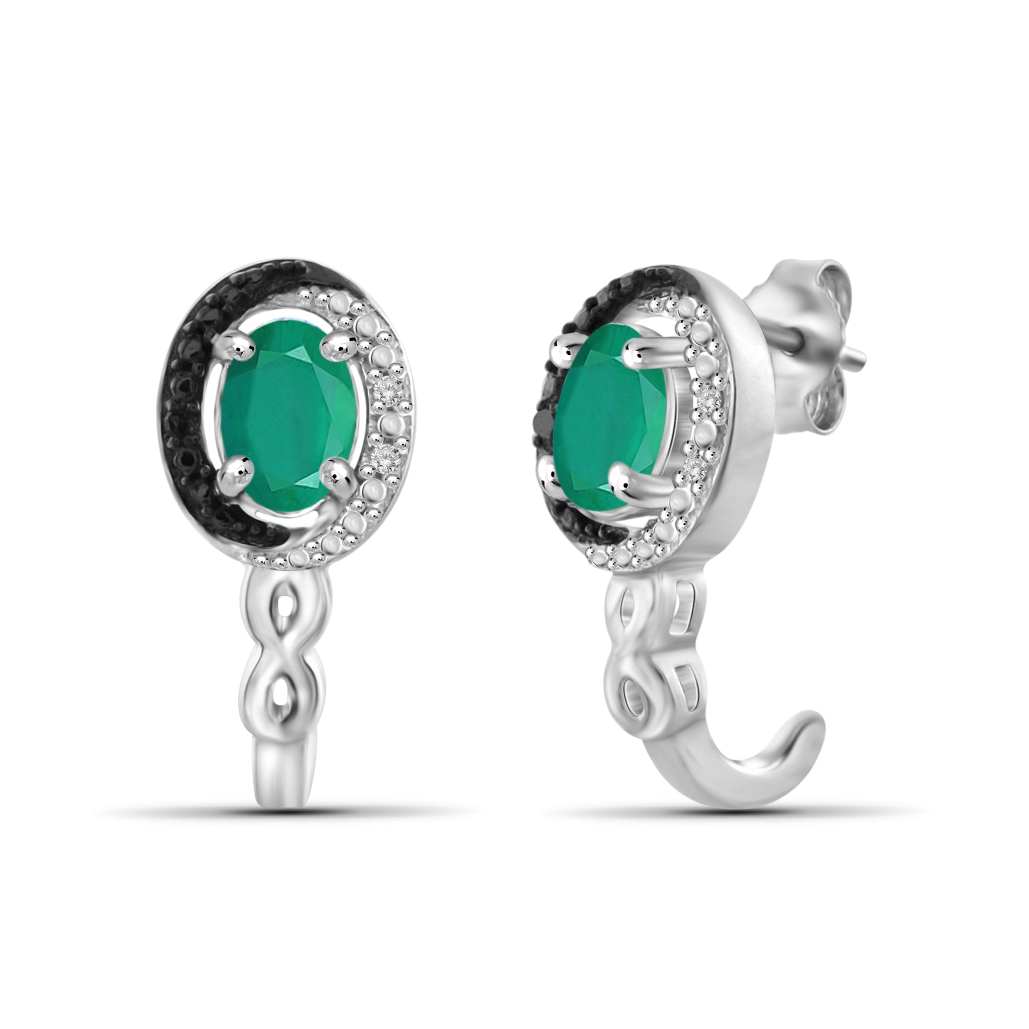 JewelonFire 0.75 Carat T.G.W. Genuine Emerald And Accent Black & White Diamond Sterling Silver J-Hoop Earrings - Assorted Colors