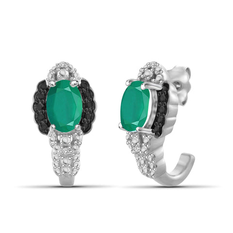 JewelonFire 0.75 Carat T.G.W. Genuine Emerald And Accent Black & White Diamond Sterling Silver J-Hoop Earrings - Assorted Colors