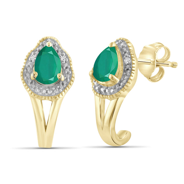 JewelonFire 1.20 Carat T.G.W. Genuine Emerald And Accent White Diamond Sterling Silver J-Hoop Earrings - Assorted Colors