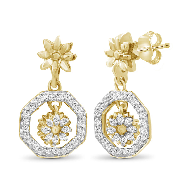JewelonFire 1/7 Carat T.W. White Diamond Sterling Silver Flower Octagon Earrings - Assorted Colors