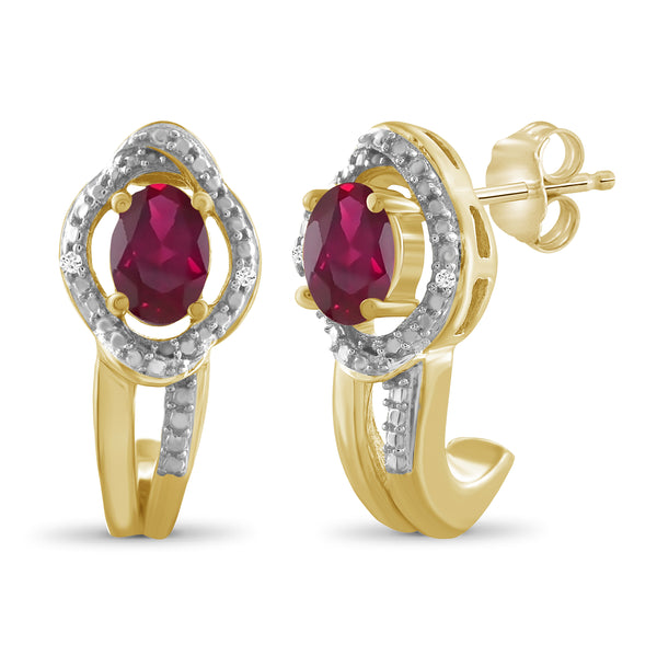 JewelonFire 0.95 Carat T.G.W. Ruby And Accent White Diamond Sterling Silver J Hoop Earrings - Assorted Colors