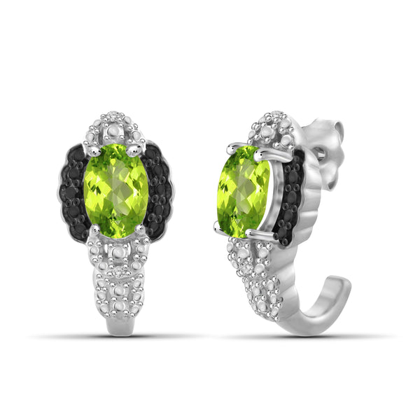 JewelonFire 1.00 Carat T.G.W. Peridot And Black & White Diamond Accent Sterling Silver J Hoop Earrings - Assorted Colors