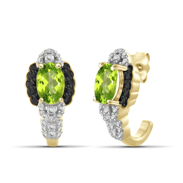 JewelonFire 1.00 Carat T.G.W. Peridot And Black & White Diamond Accent Sterling Silver J Hoop Earrings - Assorted Colors