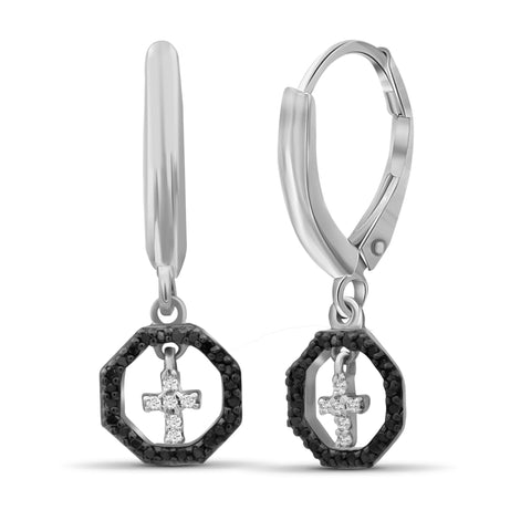 JewelonFire 1/7 Carat T.W. Black And White Diamond Sterling Silver Cross Octagon Earrings - Assorted Colors