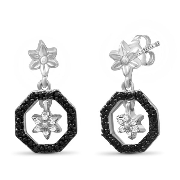 JewelonFire 1/7 Carat T.W. Black And White Diamond Sterling Silver Flower Octagon Earrings - Assorted Colors
