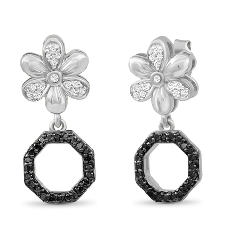 JewelonFire 1/7 Carat T.W. Black And White Diamond Sterling Silver Flower Octagon Earrings - Assorted Colors