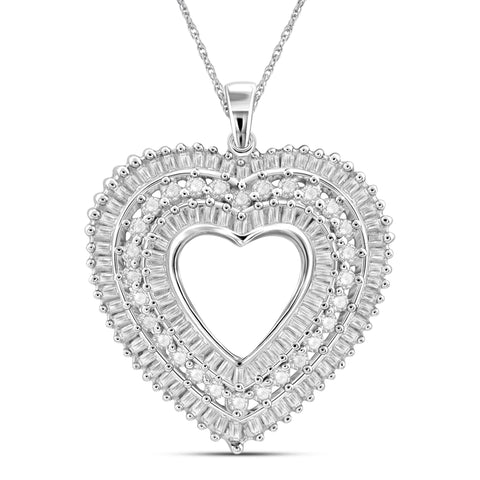 JewelonFire 1 Carat T.W. Round and Baguette-Cut White Diamond Sterling Silver Heart Pendant - Assorted Colors