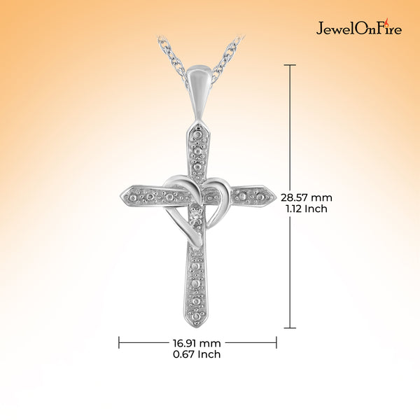 JewelonFire Accent White Diamond Heart Cross Pendant in Sterling Silver