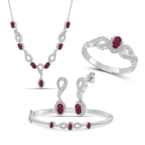 JewelonFire 3.30 Carat T.G.W. Ruby And 1/10 Carat T.W. White Diamond Sterling Silver 4 Piece Jewelry Set - Assorted Colors