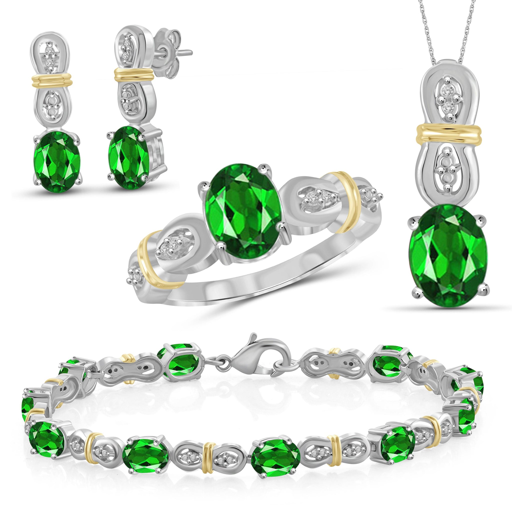 JewelonFire 12.30 Carat T.G.W. Chrome Diopside And 1/20 Carat T.W. White Diamond Two Tone Silver 4 Piece Jewelry Set