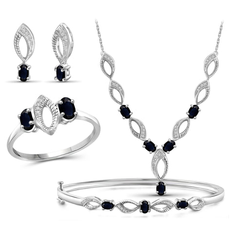 JewelonFire 3.80 Carat T.G.W. Sapphire And 1/10 Carat T.W. White Diamond Sterling Silver 4 Piece Jewelry Set - Assorted Colors