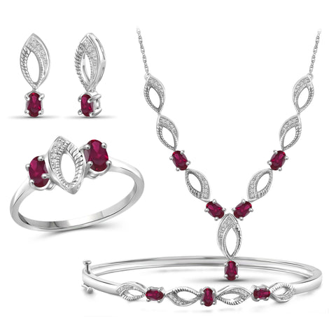 JewelonFire 3.10 Carat T.G.W. Ruby And 1/10 Carat T.W. White Diamond Sterling Silver 4 Piece Jewelry Set - Assorted Colors