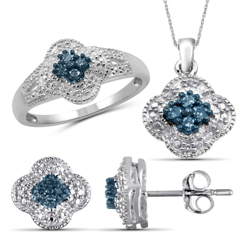 JewelonFire 1/3 Carat T.W. Blue And White Diamond Sterling Silver 3 Piece Jewelry Set