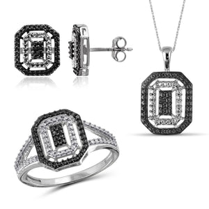 JewelonFire Accent Black Diamond Sterling Silver 3 Piece Octagon Jewelry Set