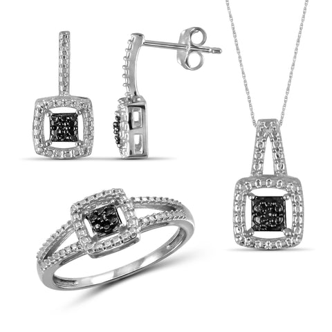 JewelonFire Accent Black Diamond Sterling Silver 3 Piece Square Shape Jewelry Set