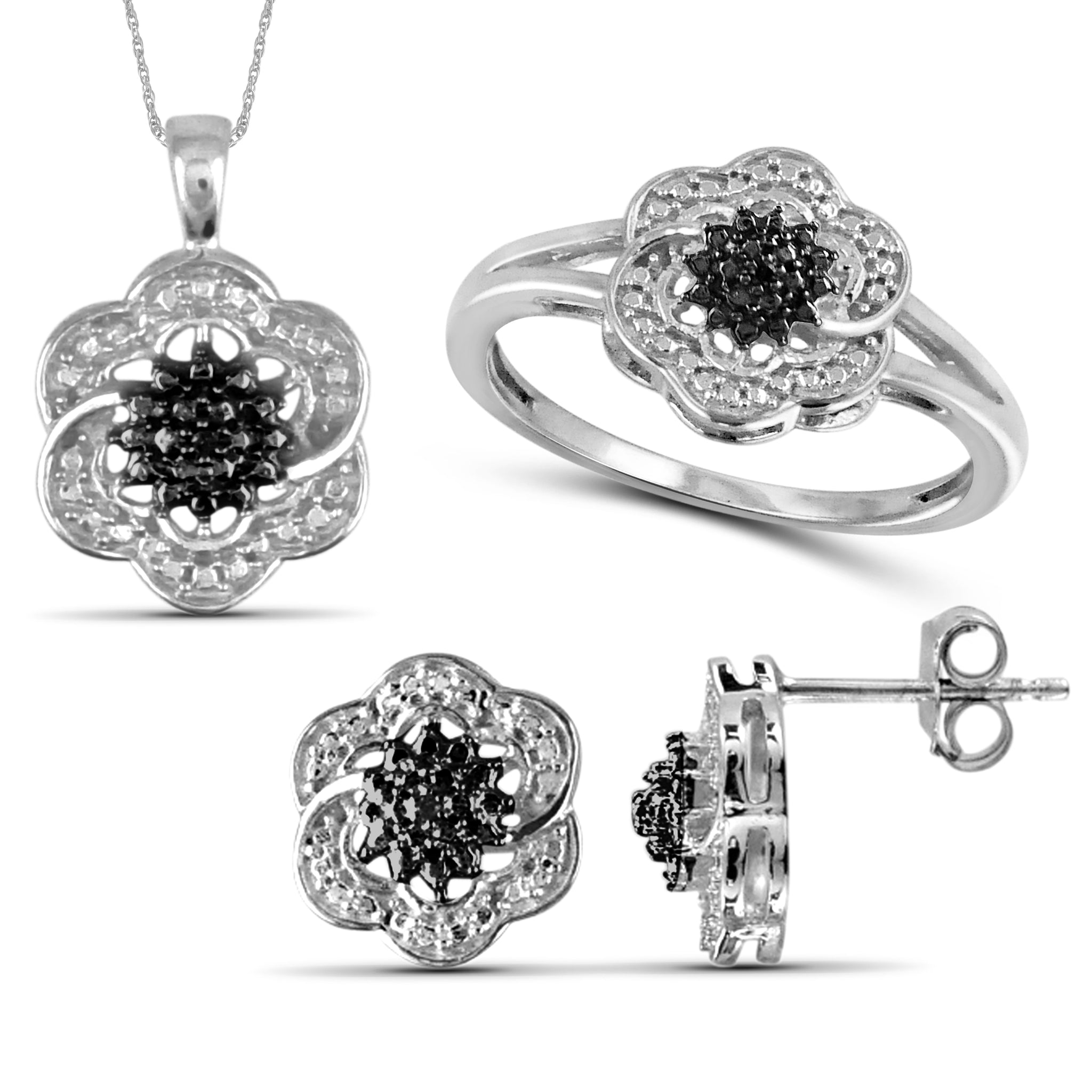 JewelonFire Accent Black Diamond Sterling Silver 3 Piece Flower Jewelry Set