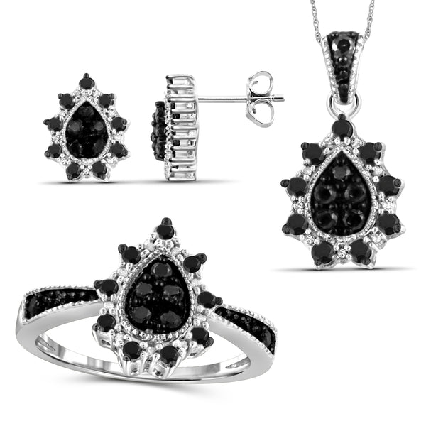 JewelonFire 1.00 Carat T.W. Black And White Diamond Sterling Silver 3 Piece Jewelry Set