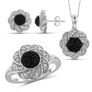 JewelonFire 1.00 Carat T.W. Black And White Diamond Sterling Silver 3 Piece Jewelry Set