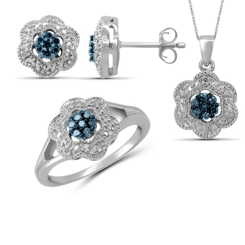 JewelonFire 1/3 Carat T.W. Blue And White Diamond Sterling Silver 3 Piece Jewelry Set