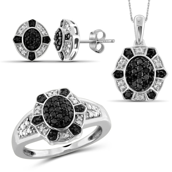 JewelonFire 1.00 Carat T.W. Black And White Diamond Sterling Silver 3 Piece Jewelry Set