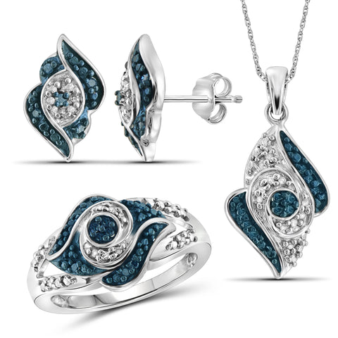 JewelonFire 1/4 Carat T.W. Blue And White Diamond Sterling Silver 3 Piece Jewelry Set