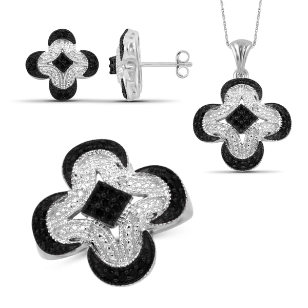 JewelonFire 1.00 Carat T.W. Black And White Diamond Sterling Silver 3 Piece Jewelry Set