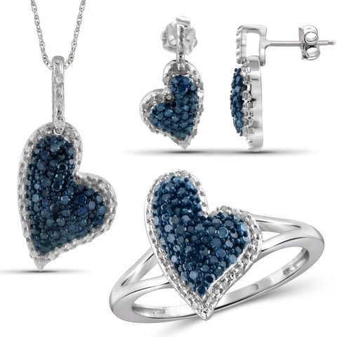 JewelonFire 1.00 Carat T.W. Blue And White Diamond Sterling Silver 3 Piece Heart Jewelry Set