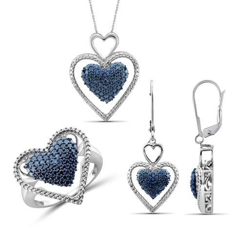 JewelonFire 1/20 Carat T.W. Blue Diamond Sterling Silver 3 Piece Heart Jewelry Set