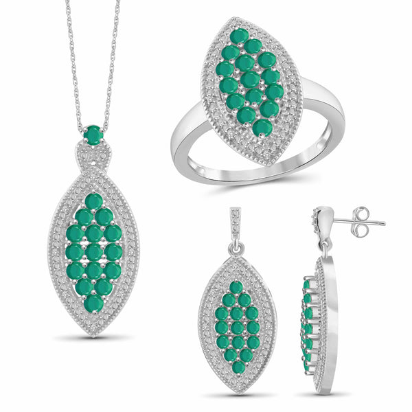 JewelonFire 3.90 Carat T.G.W. Emerald And 1/10 Carat T.W. White Diamond Sterling Silver 3 Piece Jewelry Set - Assorted Colors