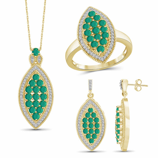 JewelonFire 3.90 Carat T.G.W. Emerald And 1/10 Carat T.W. White Diamond Sterling Silver 3 Piece Jewelry Set - Assorted Colors