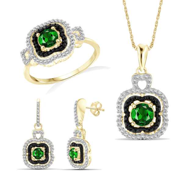 JewelonFire 1.50 Carat T.G.W. Chrome Diopside And 1/20 Carat T.W. White Diamond Sterling Silver Cluster 3 Piece Jewelry Set - Assorted Colors