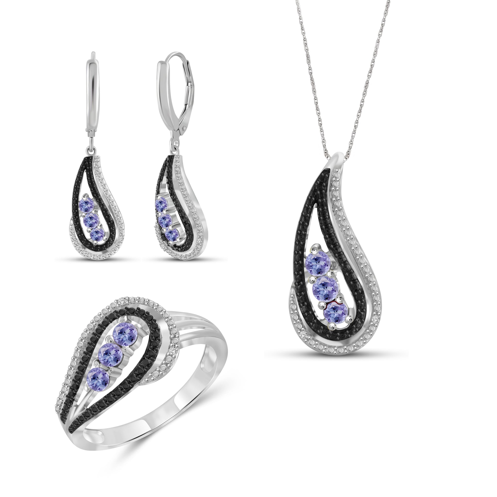 JewelonFire 0.90 Carat T.G.W. Tanzanite And 1/20 Carat T.W. Black & White Diamond Sterling Silver 3 Piece Jewelry Set - Assorted Colors