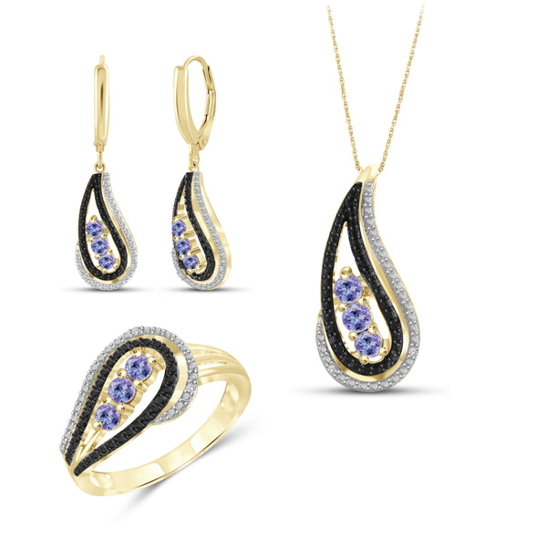 JewelonFire 0.90 Carat T.G.W. Tanzanite And 1/20 Carat T.W. Black & White Diamond Sterling Silver 3 Piece Jewelry Set - Assorted Colors