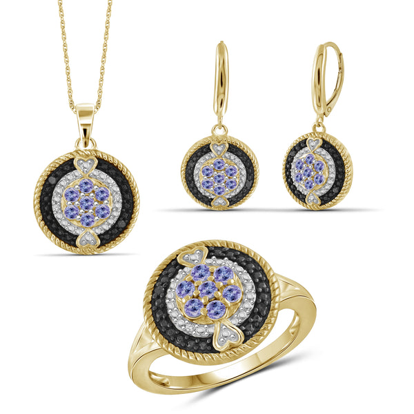 JewelonFire 1.10 Carat T.G.W. Tanzanite And 1/10 Carat T.W. Black & White Diamond Sterling Silver 3 Piece Jewelry Set - Assorted Colors