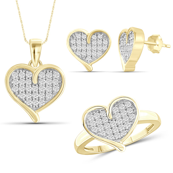 JewelonFire 1.00 Carat T.W. White Diamond Sterling Silver 3 Piece Heart Jewelry Set - Assorted Colors