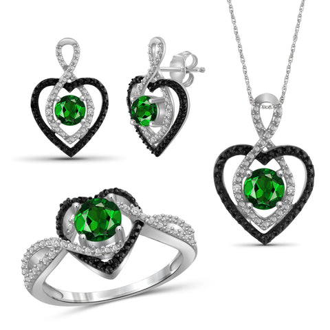 JewelonFire 2.10 Carat T.G.W. Chrome Diopside And 1/20 Carat T.W. Black & White Diamond Sterling Silver 3 Piece Jewelry Set - Assorted Colors