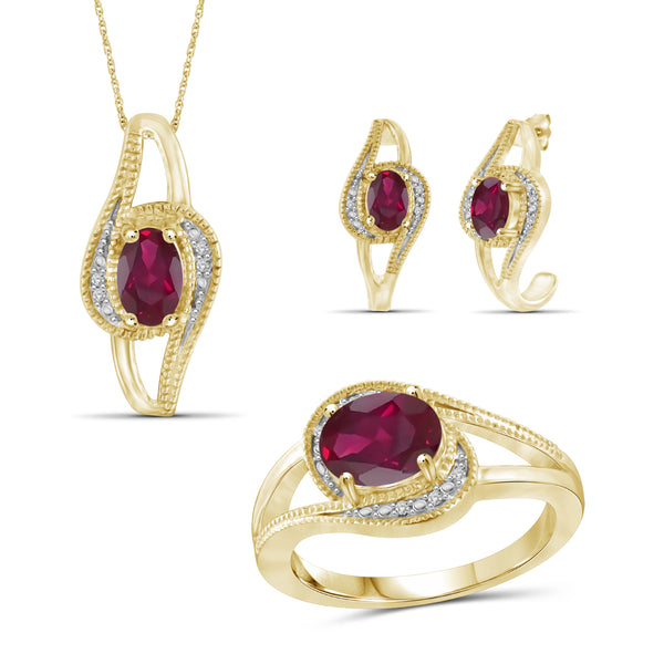 JewelonFire 3.30 Carat T.G.W. Ruby And 1/20 Carat T.W. White Diamond Sterling Silver 3 Piece Jewelry Set - Assorted Colors