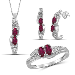 JewelonFire 2.00 Carat T.G.W. Ruby And 1/20 Carat T.W. White Diamond Sterling Silver 3 Piece Jewelry Set - Assorted Colors