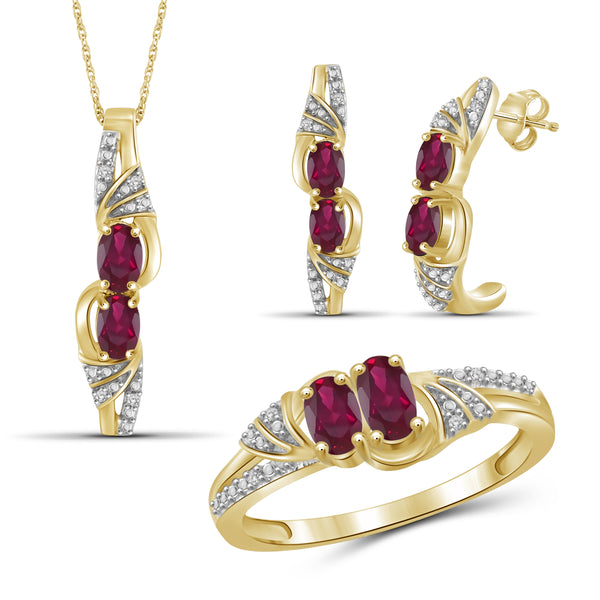 JewelonFire 2.00 Carat T.G.W. Ruby And 1/20 Carat T.W. White Diamond Sterling Silver 3 Piece Jewelry Set - Assorted Colors