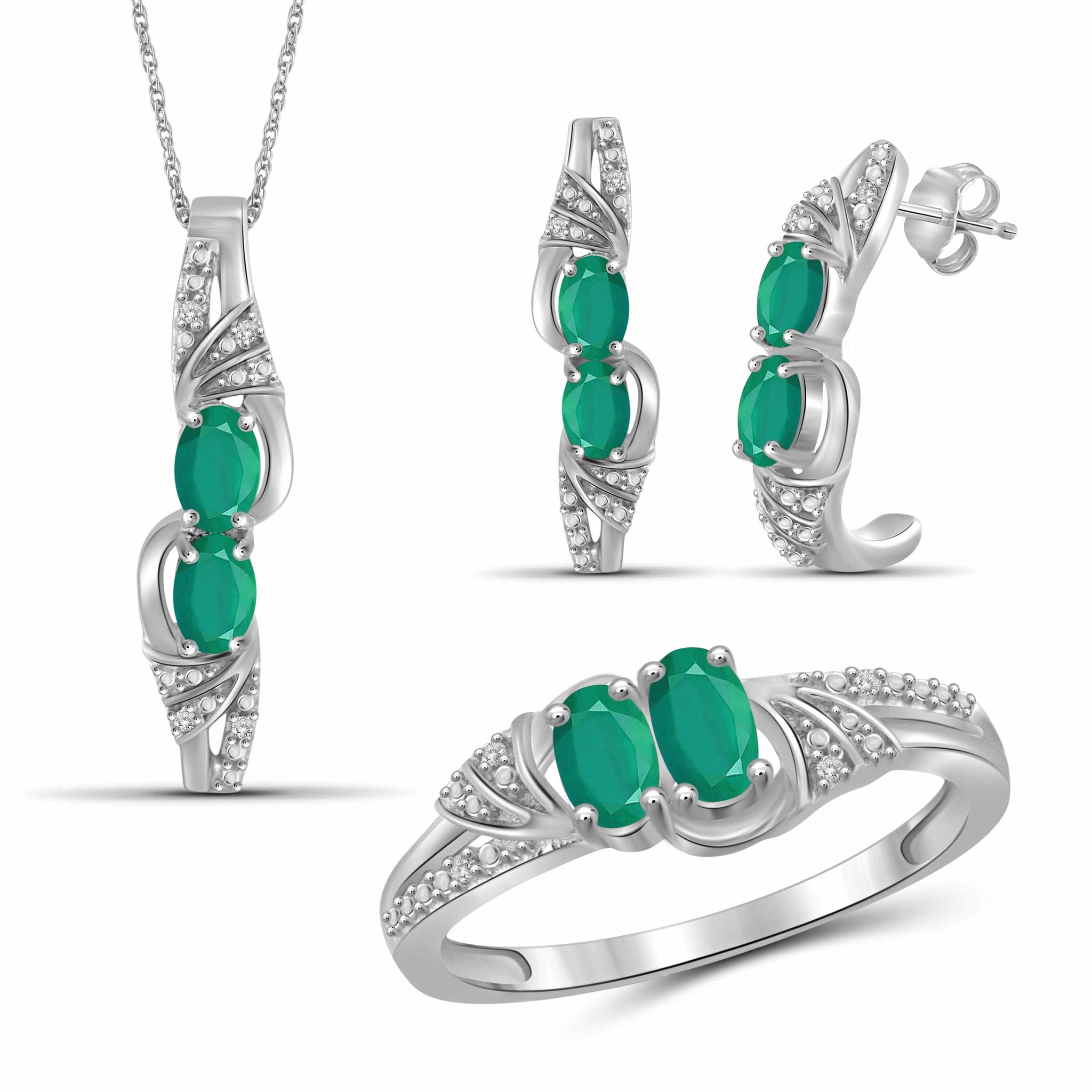 JewelonFire 1.80 Carat T.G.W. Emerald And 1/20 Carat T.W. White Diamond Sterling Silver 3 Piece Jewelry Set - Assorted Colors