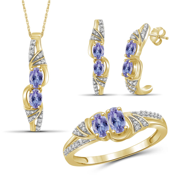 JewelonFire 1.90 Carat T.G.W. Tanzanite And 1/20 Carat T.W. White Diamond Sterling Silver 3 Piece Jewelry Set - Assorted Colors