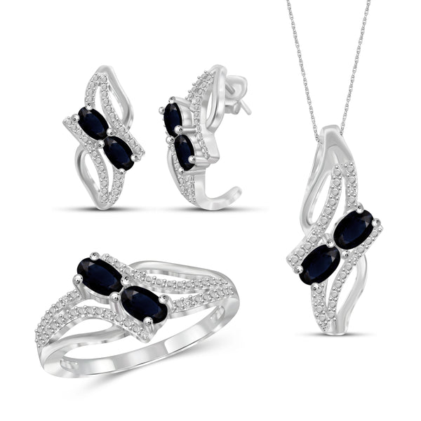 JewelonFire 2.50 Carat T.G.W. Sapphire And 1/20 Carat T.W. White Diamond Sterling Silver 3 Piece Jewelry Set - Assorted Colors